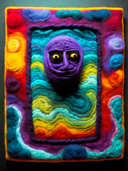 a photographic depiction of a textile wall-panel featuring a sculptural purple head on nested rectangles of abstract colorful waves and swirls