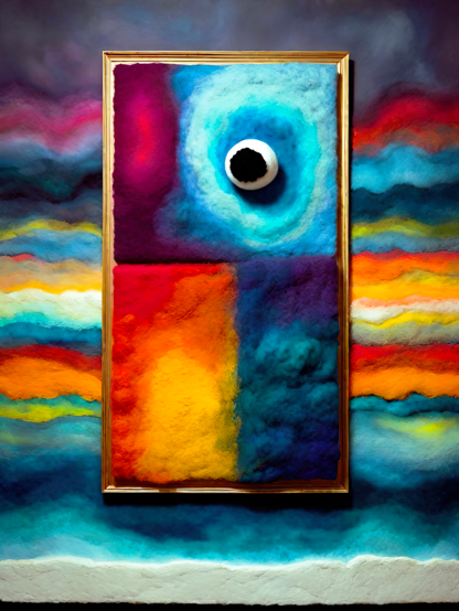 a photographic depiction of textile renderings of a colorful framed rectangular panel of abstract rectilinear color fields haunted by a single sculptural eye overlaid on a colorful abstract 