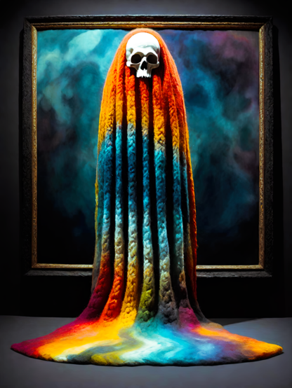 a photographic depiction of a human-sized haunt draped in a colorful fluffy blanket pooling on the floor standing in front of a framed nebulous abstract in moody dark colors