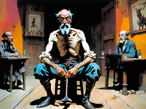 an illustration of a shirtless old humanoid individual seated on a low stool in a public drinking establishment with a couple of other humanoids of the same type in the background (but fully clothed)