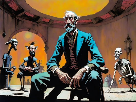 an illustration of a seated elderly humanoid individual (viewed from a low angle) in a room with a number of whimsical sculptural artifacts in similar poses