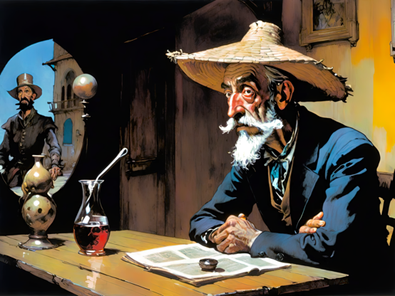 an illustration of an elderly individual wearing a hat seated at a table with a beverage and reading material in a commercial establishment