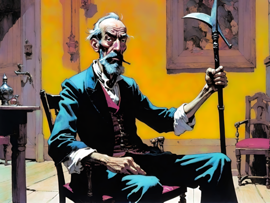 an illustration of an elderly humanoid individual seated in a wooden chair and holding a halberd in a room in a private residence