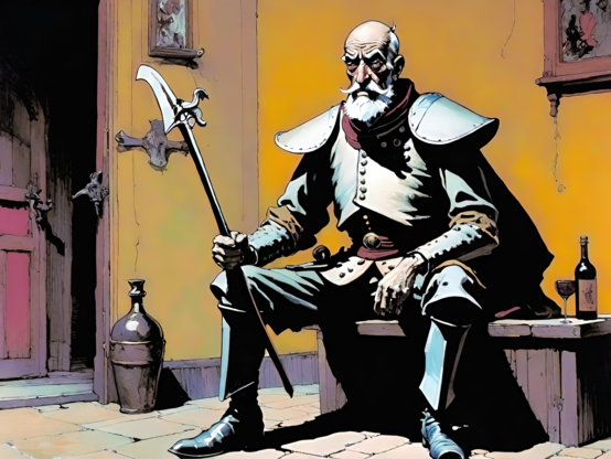 an illustration of an elderly individual, seated on a bench in a modest residence, trying on a few pieces of his old armor and holding the shaft of a broken halberd, a glass and bottle of wine nearby