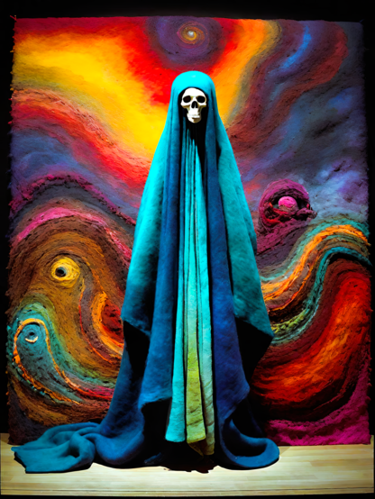 a photographic depiction of a calm but chaotic brightly colored abstract textile panel before which stands a humanoid-skull-headed spectre draped in a comfy, fluffy blanket dyed in blues