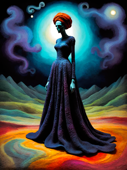 a photographic depiction of a spooky textile landscape upon which stands a humanoid figure with a red turban and a blue dress