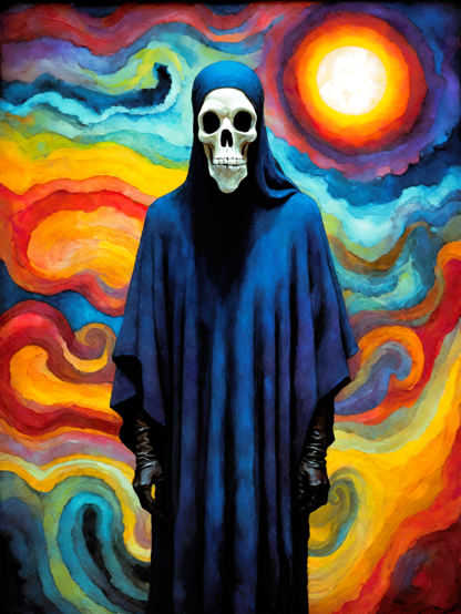 a photographic depiction of a colorful textile abstract recalling a landscape with a sun among swirling clouds before which stands a robe-draped humanoid individual with a skeletal face and leather gloves