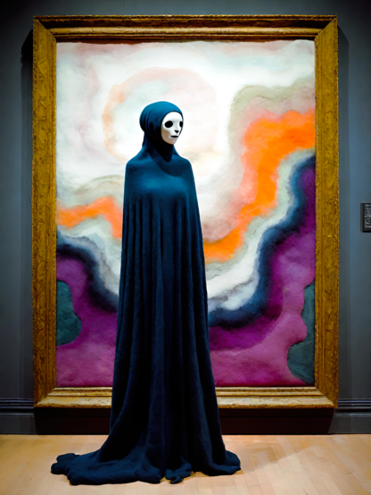 a photographic depiction of a large framed abstract textile panel hanging on a wall before which stands a dark-fabric-draped humanoid figure with a porcelain mask