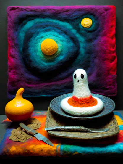 a photographic depiction of a textile-based installation in bright colors with a celestial model wall-panel and a haunted still life on a table before it