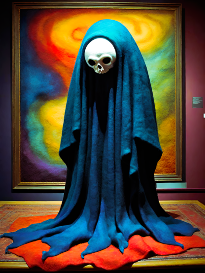 a photographic depiction of a colorful textile wall panel (framed) before which stands a hunched comfy-blanket-draped haunt with a cute skeletal face