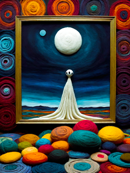 a photographic depiction of a framed haunted landscape rendered in textiles hung on a larger work of abstract circular designs and before which is a pile of balls and disks, all of brightly colored yarn