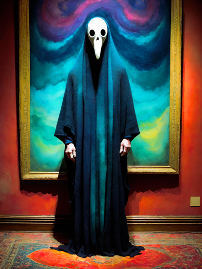 a photographic depiction of a comfy dark robe-draped humanoid individual with a long skeletal face standing before a framed textile abstract wall-hanging in bright colors