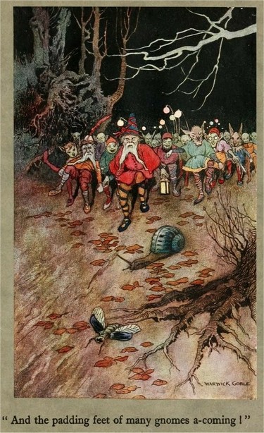 A group of colourfully dressed goblins marching through the forest, a large snail and fly on the ground in front of them. The text at the bottom of the image reads 