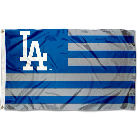 A blue and white striped flag with the LA Dodger logo on the same colored blue background very much like the greek flag.  