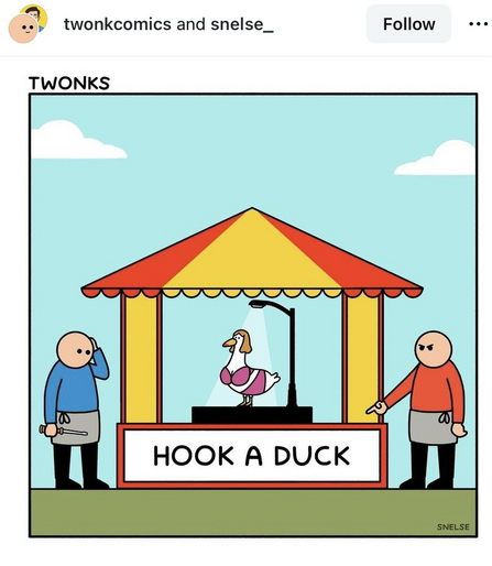 A yellow & red circus type of circus booth showcasing a duck in a bikini standing unde a lamp post with one bald figure in a red shirt with angry eyes is pointing to the booth name and the other guy is upset because the booth is labeled hook a duck un
