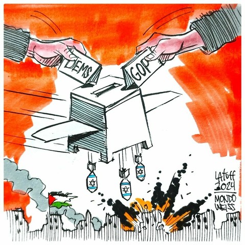 Cartoon showing a ballot box flying over a city flying the Palestinian flag, and dropping bombs marked with the Israeli flag. Reaching from out of frame are two hands placing ballots in the box, one labeled Dems and the other GOP. Artist credit reads Latuff 2024 Mondoweiss