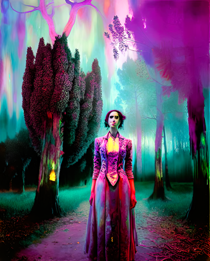 a psychedelically colored seni-photographic depiction of a humanoid individual on a dirt path between tamed trees
