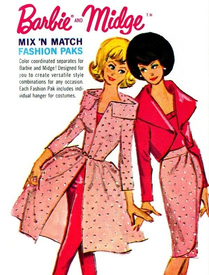 Vintage ad for Barbie and Midge Mix ’N Match Fashion Paks. An illustration of Barbie and Midge in matching pink and red outfits. They look each other in the eyes and touch hands.