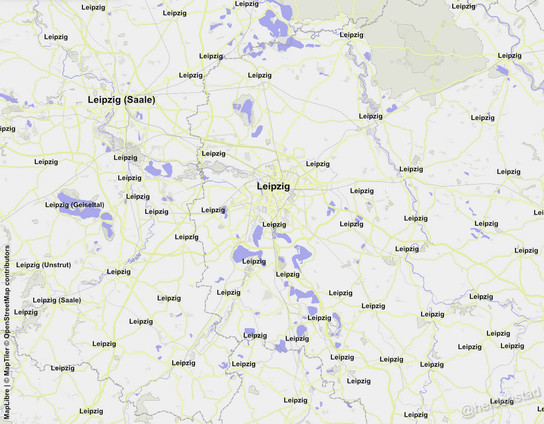 Kaart van Leipzig en 25 kilometer omtrek. De namen van alle plaatsen zijn vervangen door 'Leipzig'