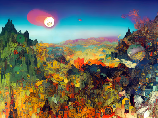 a semi-abstracted illustration of an urbanized craggy landscape featuring a large celestial objects that appears to be in motion