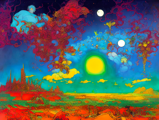 a very colorful semi-abstracted illustration of a landscape with a turbulent flame-filled sky and a threatening celestial orb