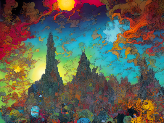 a colorful semi-abstracted illustration of a disintegrating landscape with flames and smoky clouds above towers of rubble