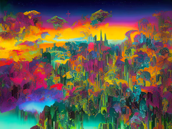a colorful semi-abstracted illustration of an aerial view of an urban landscape on fire with sunset-lit smoke and a bit of fog in the low-lying areas