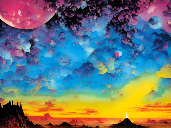 a colorful semi-abstracted illustration of a badlands landscape with a turbulent sunset sky and a threatening celestial object in the upper left