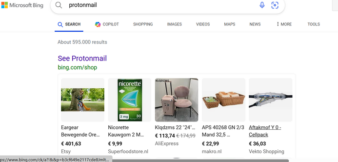 Screenshot of Bing search showing5 random items for sale, including a Nicorette pack and a light pink luggage.