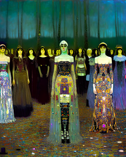 a vaguely Klimt-inspired painterly rendering of a lary array of humanoid individuals in long dresses standing on a trampled field, post sunset, with a few slender bare trees in the background