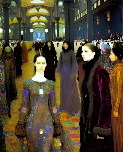 a Klimt-inspired painterly rendering of a number of modestly dressed humanoid attendees inside a large convention hall