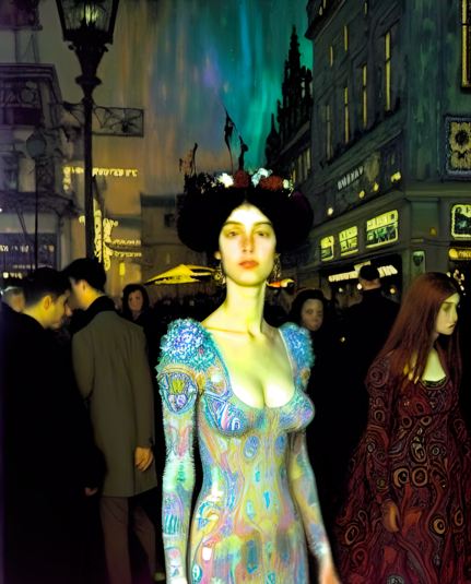 a somewhat-Klimt-inspired painterly rendering of a crowd of humanoid individuals milling about outdoors in an urban space centering portrait-like on one individual in a pale dress