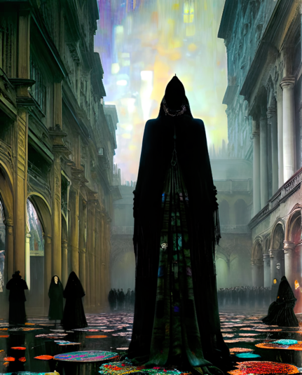 a vaguely Klimt-inspired painterly rendering of mysterious robed and hooded (presumably) humanoid figures in a courtyard between neoclassical buildings under an opalescent sky