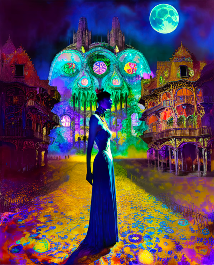 a psychedelically colored semi-photographic depiction of a humanoid individual in profile standing among old multistory constructions under a nighttime sky with a full moon