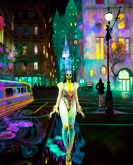 a psychedelically colored semi-photographic portrait of a humanoid individual walking streeside in an urban environment among multistory buildings