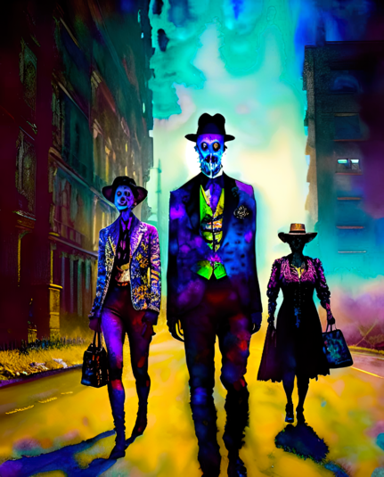 a psychedelically colored semi-photographic depiction of a trio of humanoid individuals wearing Western hats walking toward the viewer on a dusty street between tall buildings