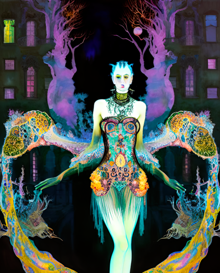 a psychedelically colored semi-photographic portrait of a humanoid individual in evening/dance wear on an urban street at night