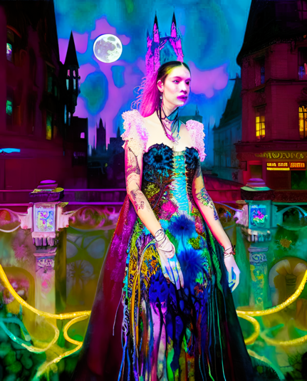 a psychedelically colored portrait of a humanoid individual in evening wear standing in front of urban constructions at night under a full moon
