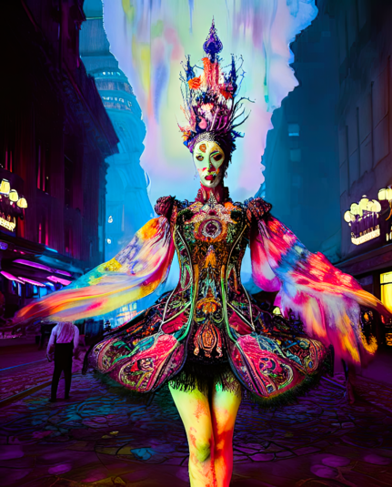 a psychedelically colored semi-photographic portrait of a humanoid individual in dance wear on an urban nighttime street under an iridescent sky