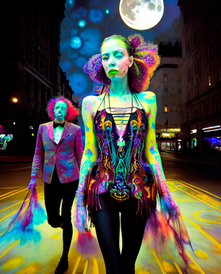 a psychedelically colored semi-photographic depiction of a pair of humanoid individuals dressed for an evening out in an urban setting, perhaps carrying late-night groceries home after their festivities