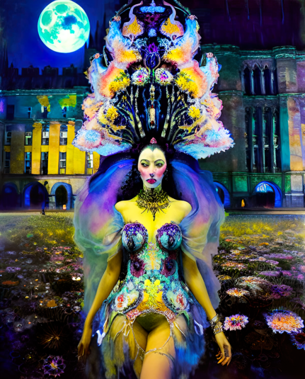 a psychedelically colored semi-photographic depiction of a humanoid individual dressed as a carnival dancer with a towering headdress in the extended courtyard of a multistory edifice under a night sky with an enormous full moon