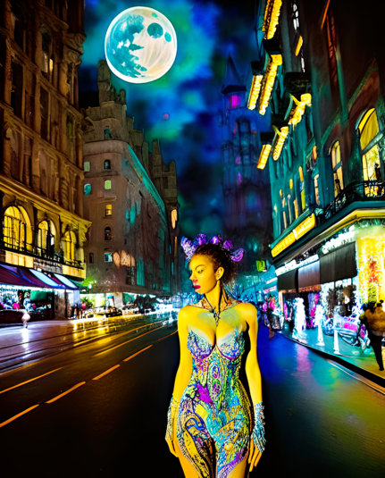 a psychedelically colored semi-photographic portrait of a humanoid individual dressed for an evening out on a damp street in a nighttime urban setting between multistory mixed-use constructions