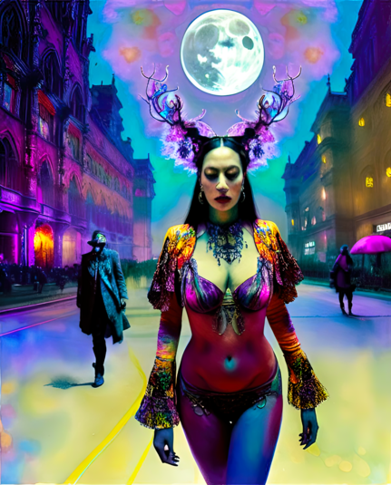 a psychedelically colored semi-photographic depiction of a humanoid individual dressed in dancewear on a dusty nighttime street between rows of multistory constructions under an improbably large moon