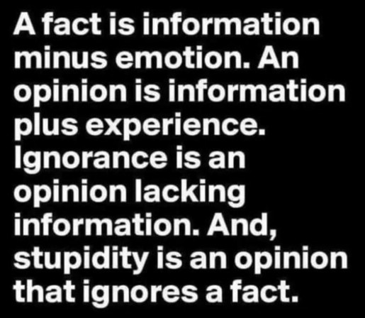 A fact is information minus emotion.
An opinion is information plus experience.
Ignorance is an opinion lacking information.
And, stupidity is an opinion that ignores a fact. 