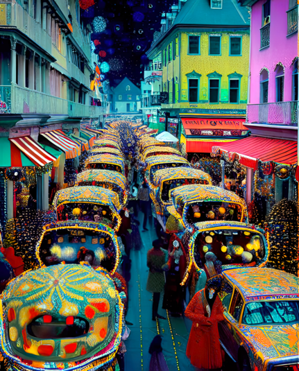 a Klimt-influenced evening illustration of a street between rowhouses and mixed-use buildings with pedestrians and a two-column line of cars turned into festival parade floats