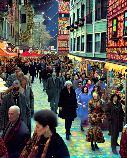 a Klimt-influenced illustration of a nighttime street filled with pedestrians for a downtown-wide festival