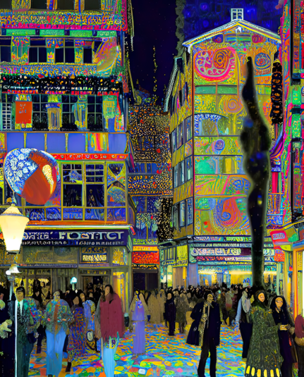 a Klimt-influenced illustration of decorated mixed-use buildings in a nighttime street festival with the streets full of humanoid pedestrians
