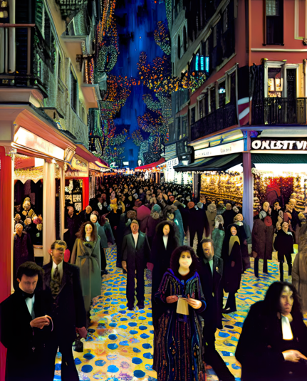 a Klimt-influenced illustration of a nighttime lane between multistorey residences with street-level storefronts full of humanoid pedestrians at an outdoor festival