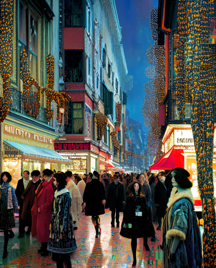 a Klimt-influenced illustration of a pedestrian thoroughfare between tall mixed-use buildings filled with humanoid festival attendees
