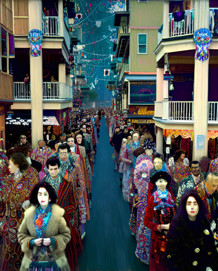 a Klimt-influenced illustration of orderly rows of humanoid outdoor festival-goers between balconies multistorey residences